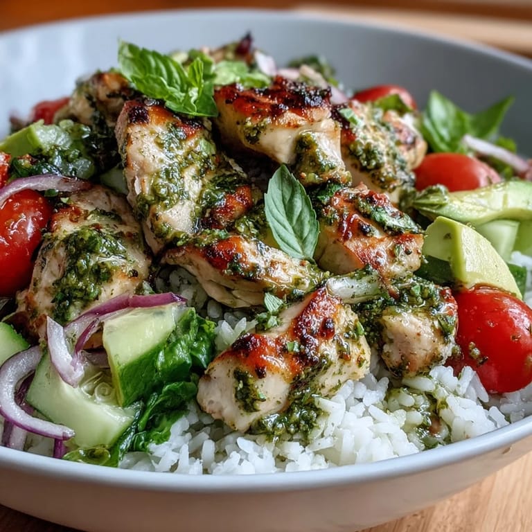This Pesto Chicken Bowl blends juicy chicken, tomatoes, cucumber, and pine nuts for a colorful, nutritious dinner.