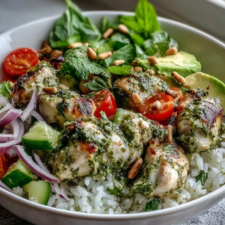 Warm Pesto Chicken Bowl with golden chicken, green spinach, and ripe avocado on a bed of fluffy jasmine rice.
