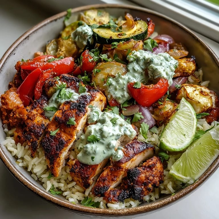 Spicy blackened chicken bowl garnished with fresh cilantro and lime wedges, served alongside vibrant sautéed vegetables and steamed rice.