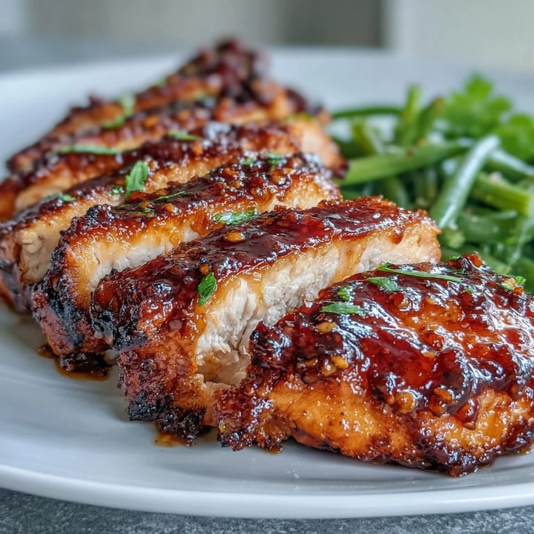 Golden honey mustard chicken breasts roasted to perfection, surrounded by crisp-tender green beans and drizzled with extra tangy sauce.