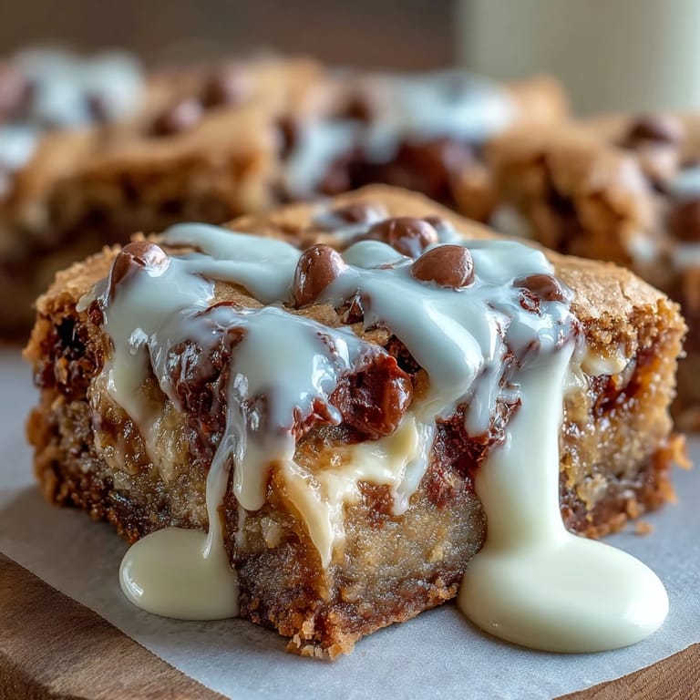 Cadbury Egg Blondies with White Chocolate Drizzle: Festive blondies studded with Cadbury Mini Eggs and drizzled with smooth white chocolate for a springtime treat.