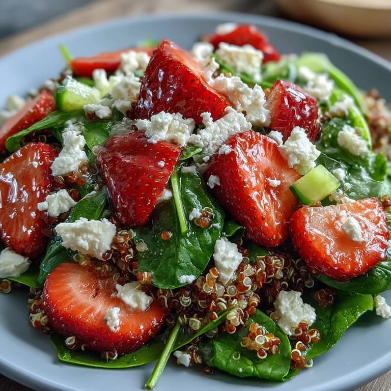 Colorful strawberry feta quinoa salad with baby spinach, crunchy almonds, and a glossy balsamic vinaigrette.  