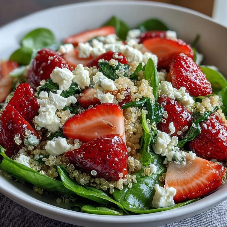 Hearty strawberry feta quinoa salad featuring juicy strawberries, creamy feta, and crisp cucumbers in a tangy dressing.