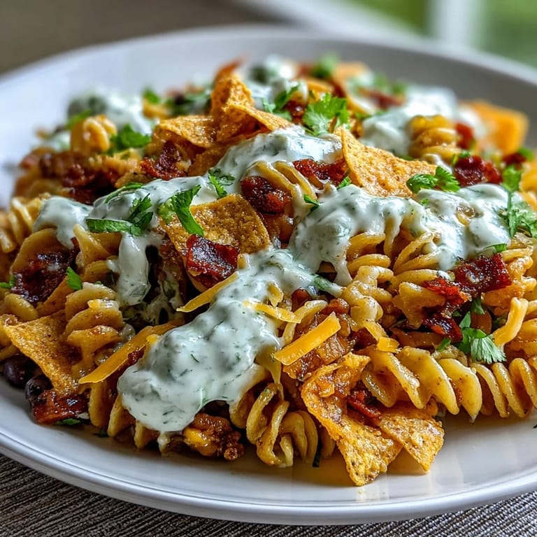 Creamy Avocado Ranch Taco Pasta Salad with Doritos, black beans, and corn, perfect for parties or potlucks.