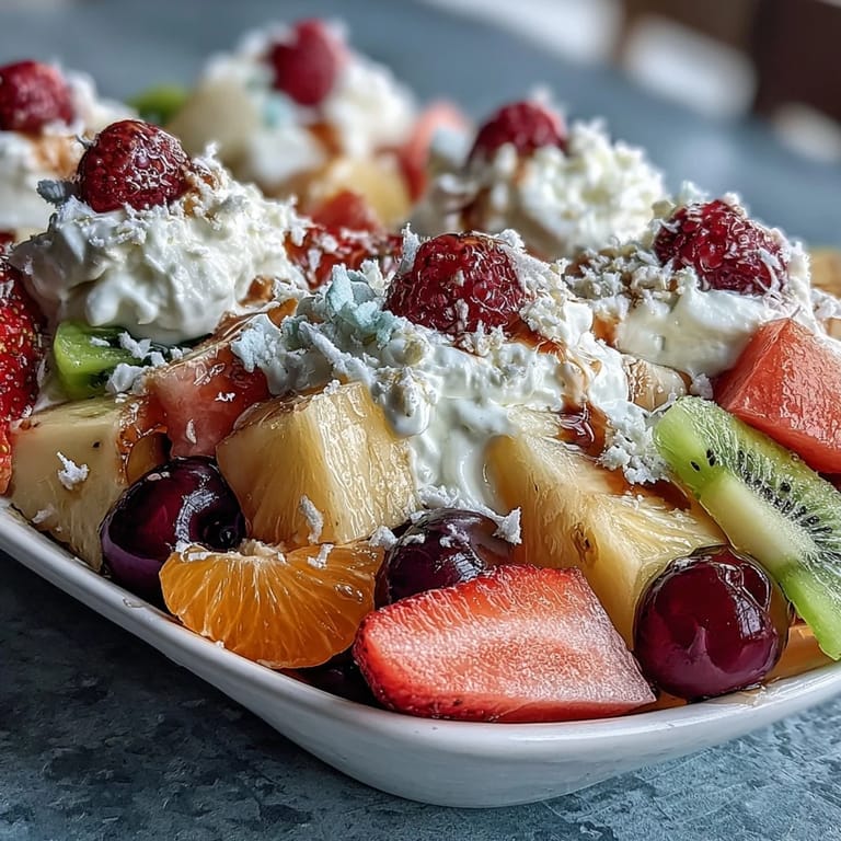A colorful rainbow fruit display with fresh strawberries, oranges, and grapes, served alongside fluffy coconut whipped cream.
