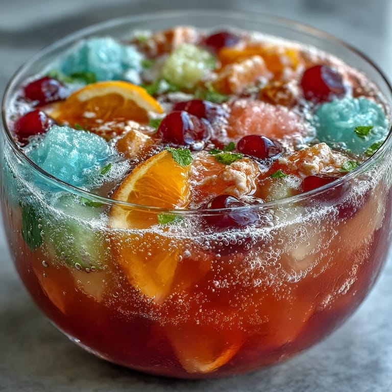 A colorful graduation party punch bowl with scoops of rainbow sherbet and bubbling Sprite, garnished with fresh citrus slices.