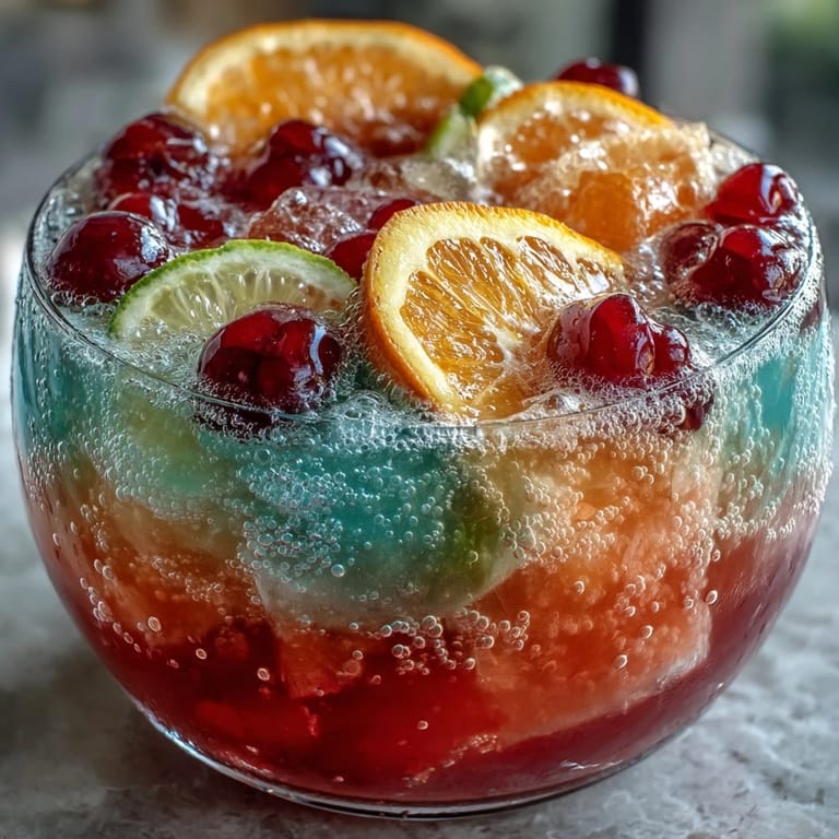 A festive punch bowl featuring fruity sherbet and lemon-lime soda, topped with cherries and ready for a grad celebration.