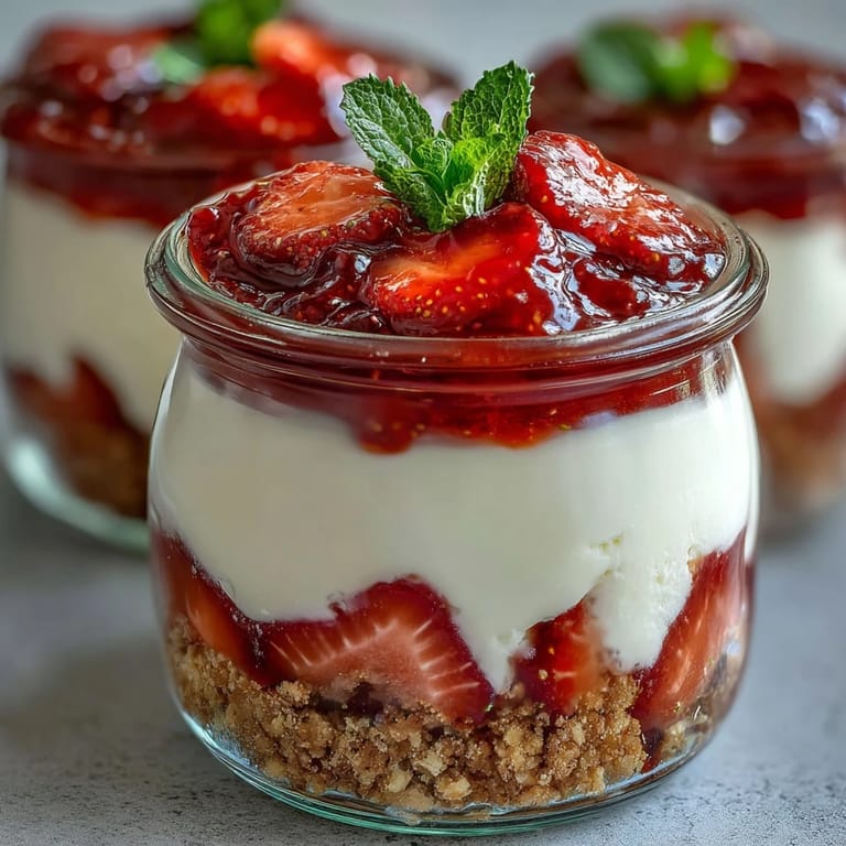 Easy strawberry cheesecake jars featuring smooth cream cheese filling, homemade strawberry compote, and a buttery biscuit base.