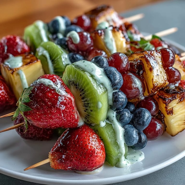 Delightful Rainbow Fruit Skewers with Honey Dip: an eye-catching platter of skewered rainbow fruits paired with a smooth, sweet honey-yogurt dip—ideal for summer gatherings or kid-friendly treats.