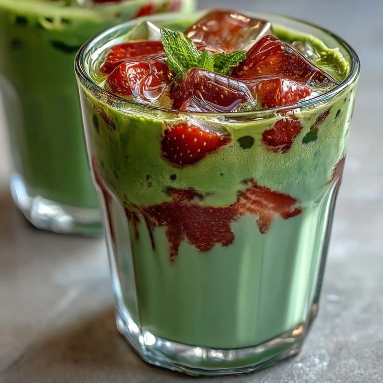 A close-up view of a strawberry matcha latte with oat milk, showcasing the rich red strawberry layer topped with creamy oat milk and bright green matcha.