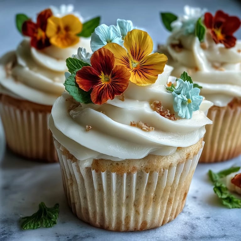 Soft vanilla cupcakes decorated with vibrant edible flowers and creamy frosting, a delightful spring dessert for any special occasion.