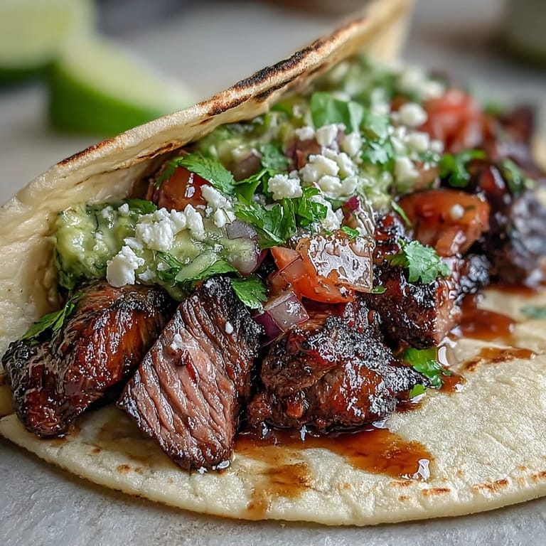 Colorful street taco bar with tender carne asada and fresh, vibrant toppings.