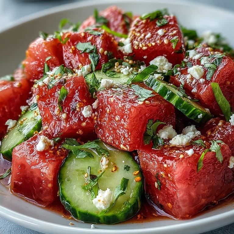 Juicy watermelon cucumber salad, perfectly seasoned with Tajin and bright lime for lunch.