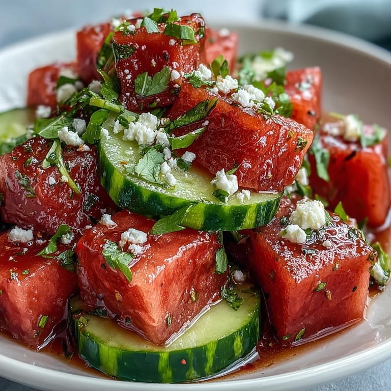 Cool, crisp watermelon cucumber salad, ideal for a light, flavorful side dish.