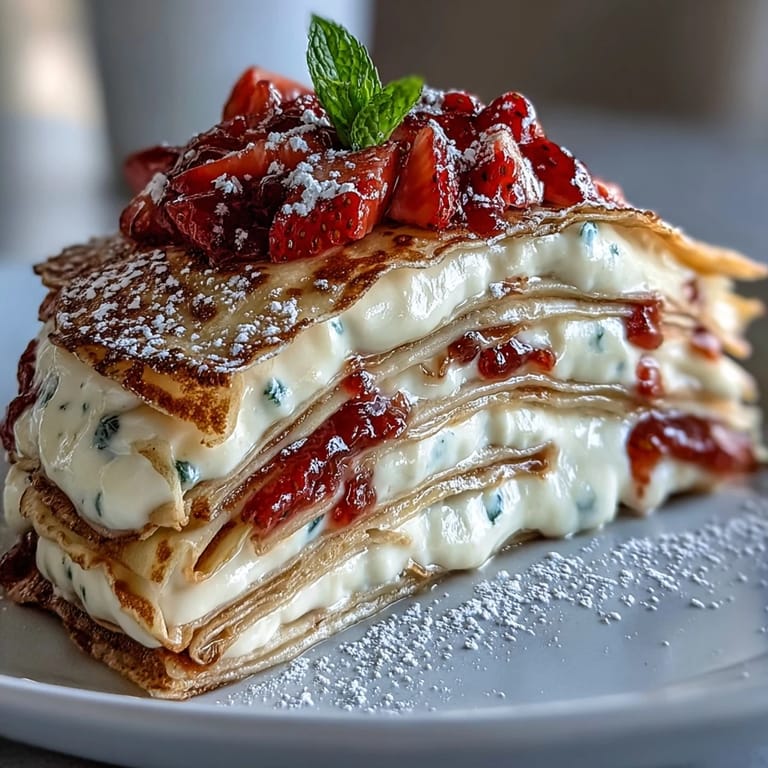 Delicate strawberry mascarpone crêpe cake, perfect for a festive Mother's Day brunch.