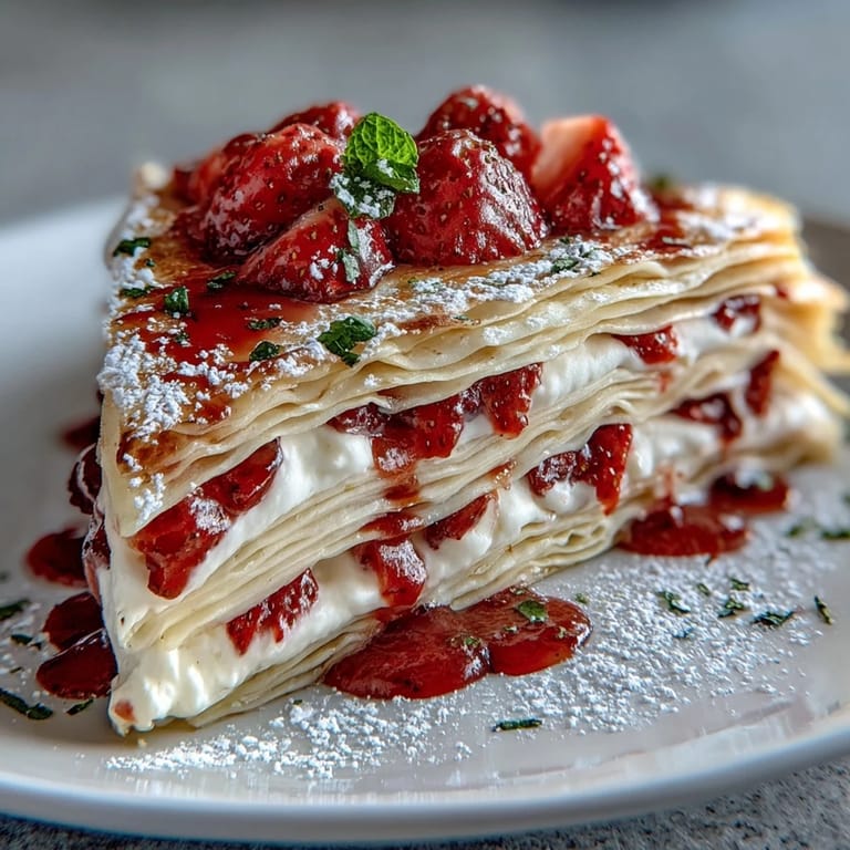 Beautiful crêpe cake showcasing layers of strawberry mascarpone, beautifully garnished.