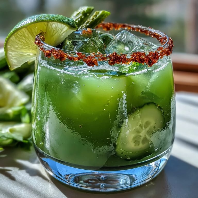 Bright pickle margarita mocktail with ice, lime, and jalapeño garnish.