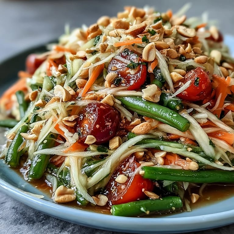 Som Tam: colorful, spicy green papaya salad, ready to be devoured.