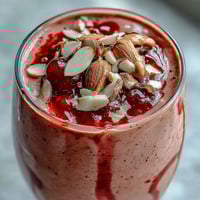 A glass of vibrant Cherry Almond Smoothie topped with sliced almonds, a quick and creamy breakfast or snack.