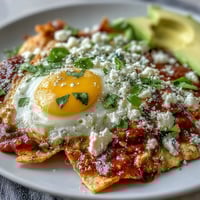 Golden crispy tortilla chips coated in zesty salsa verde, topped with a sunny-side-up egg, queso fresco, and creamy avocado slices on a plate.