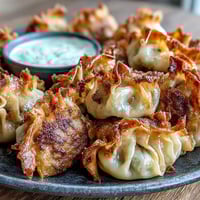 Golden-brown Smash Dumplings sizzle in a skillet, steamed then smashed for extra crispiness and a juicy pork filling.