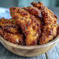 Crispy Turmeric Chicken Tenders on a white plate with a creamy yogurt dip.