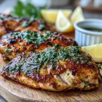 Freshly baked Oven Baked Chicken Breast sits golden and juicy, garnished with chopped parsley and lemon slices on a rustic serving platter.