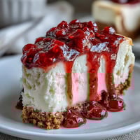 A slice of Indulgent White Chocolate Raspberry Cheesecake Bliss shows a creamy texture and vibrant red swirls on a graham cracker crust.