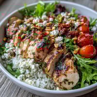 Juicy marinated chicken slices and fresh greens sit atop fluffy rice in this Sun-Dried Tomato Chicken Bowl, ready to enjoy.