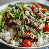 A vibrant Pesto Chicken Bowl features tender pesto-marinated chicken, fluffy rice, fresh veggies, and avocado slices.