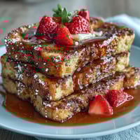 Spring Brunch Strawberry French Toast Bake with golden crust and fresh berries, served warm and dusted with powdered sugar.