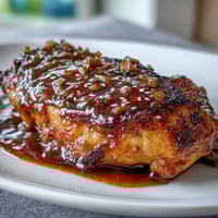 Honey Garlic Baked Chicken Thighs with a glossy glaze, golden and crispy from the oven, perfect for a cozy family dinner.