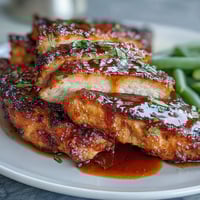 Honey mustard chicken with green beans served on a rustic wooden board, juicy chicken glazed in golden sauce beside vibrant green beans.