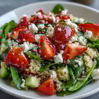 Fresh strawberry feta quinoa salad with balsamic dressing, bursting with sweet berries and tangy cheese.  