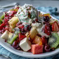 Rainbow fruit table with coconut whipped cream, featuring vibrant strawberries, pineapple, kiwi, and blueberries arranged in rows.