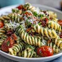 Vibrant summer pasta salad with pesto and cherry tomatoes, bursting with fresh basil aroma and bright colors.  