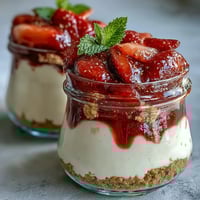 No-Bake Strawberry Cheesecake Jars with creamy layers and fresh strawberry compote, served in individual glass jars.