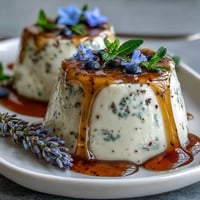 Silky honey lavender panna cotta with delicate floral notes, served in a glass and topped with fresh berries.