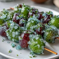 Frozen grape skewers with lime sugar, juicy grapes coated in zesty lime sugar, perfect summer snack.  