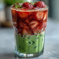 A vibrant glass of strawberry matcha latte with oat milk, featuring layers of sweet strawberry puree, earthy green matcha, and creamy oat milk.