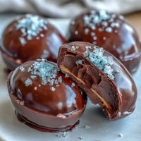 Dark chocolate peanut butter Easter eggs with a sprinkle of sea salt, a perfect homemade treat for spring celebrations.