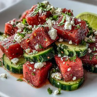 Vibrant watermelon cucumber salad with zesty Tajin and lime juice, a refreshing summer dish.